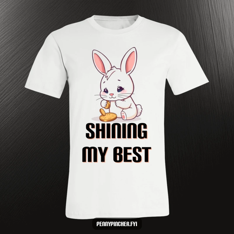 Funny t-shirt illustrating a determined rabbit character meticulously polishing a single shiny penny, emphasizing focus and a humorous, polished success.