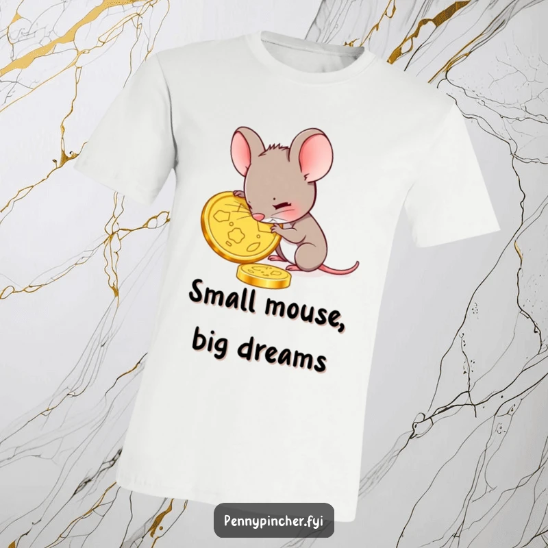 Funny mouse t-shirt depicting a small mouse meticulously studying a prominent gold coin, highlighting focus and the appreciation of valuable items.