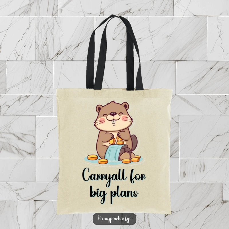 Funny tote bag depicting a proud beaver character building a dam with an impressive collection of coins, great for carrying essentials humorously.
