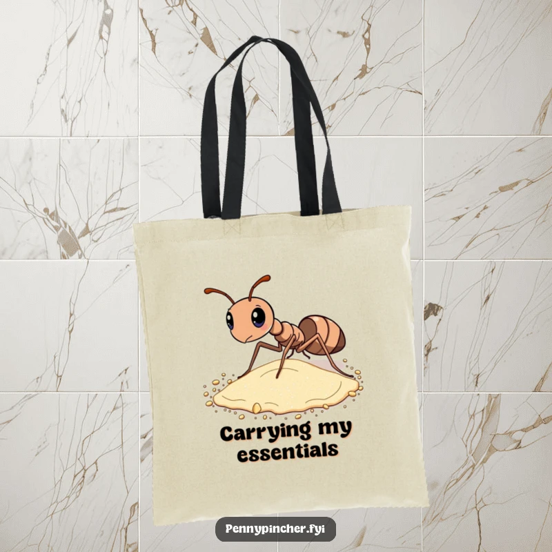 Funny tote bag featuring a diligent ant meticulously sorting grains of sand by size, perfect for organized errands.