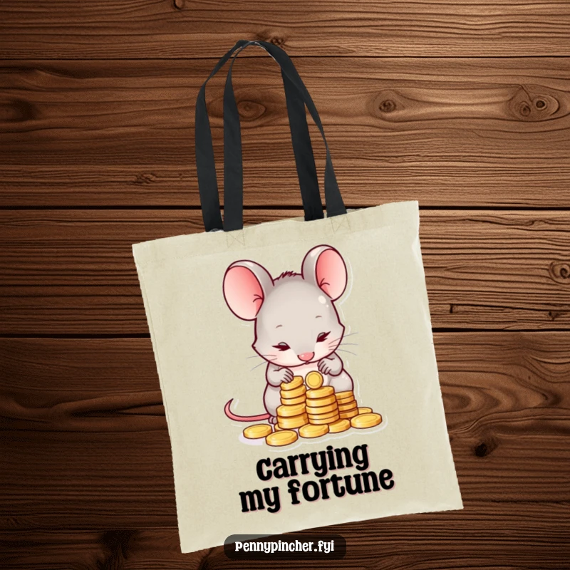 Funny tote bag illustrating a shy mouse character meticulously counting a small pile of coins, perfect for carrying essentials with a humorous flair.