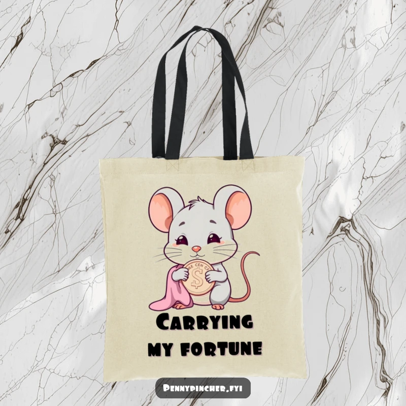 Funny smug mouse character tote bag, polishing a cent, ready for errands with a smug attitude.