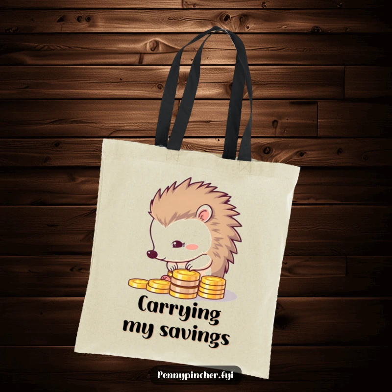 Funny tote bag graphic of a thrifty hedgehog carefully arranging shiny coins in a precise line, embodying thriftiness.