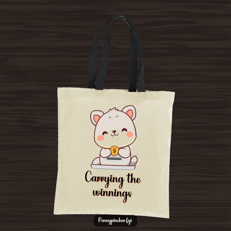 Funny animal character tote bag with a creature happily placing a coin into a slot, ideal for carrying items with a cheerful, humorous touch.