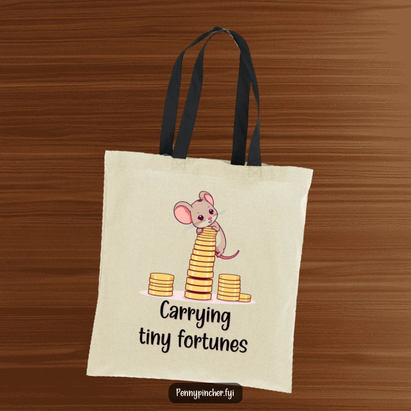 Funny Tote Bag showcasing an ambitious mouse stacking coins into a wobbly, impressive tower.