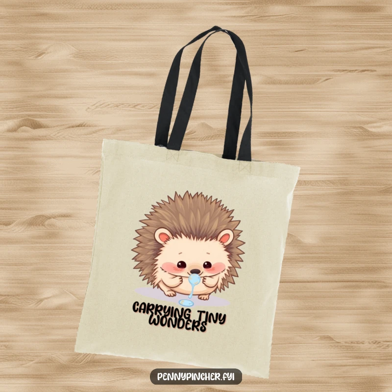 Funny tote bag featuring a curious hedgehog carefully examining a single dewdrop, perfect for carrying nature's treasures.