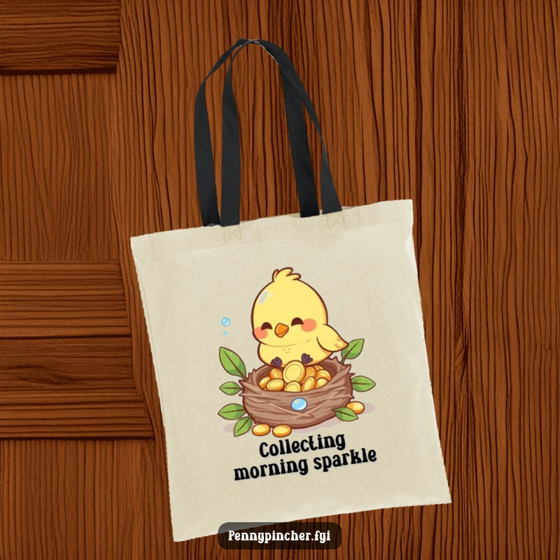 Funny tote bag showing a bird character carefully placing dewdrop coins into a nest, stylish and charming.