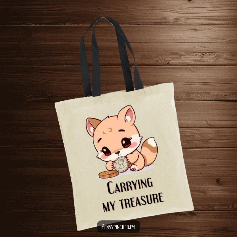 Funny curious animal character closely inspecting a coin, printed on a durable tote bag for the detail-oriented.
