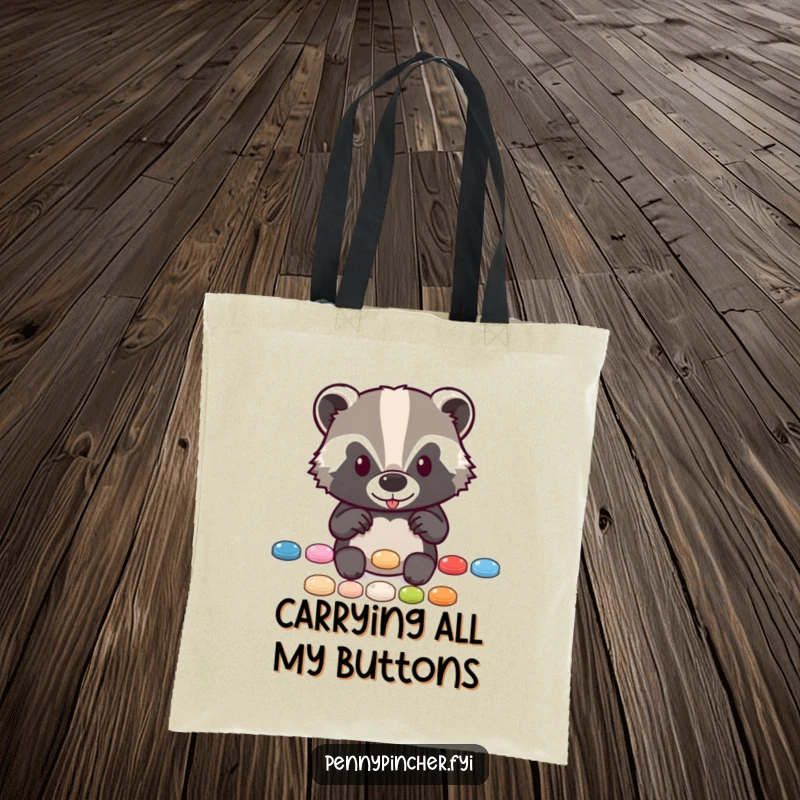 Funny tote bag depicting a diligent badger character organizing a neat line of shiny buttons, great for shoppers.