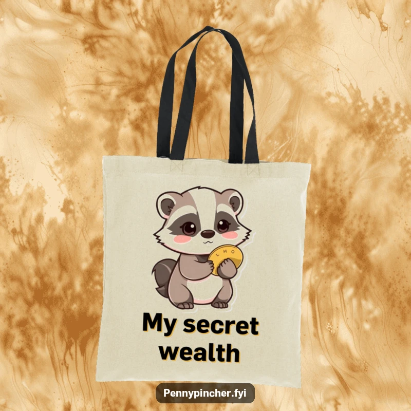 Funny Badger Tote Bag: A cautious badger character hiding a coin behind its back, ready for discreet travel.