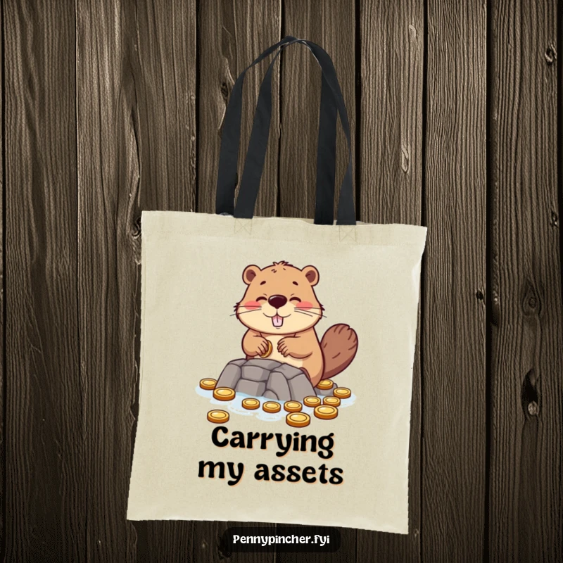 Funny tote bag showing a hopeful beaver character building a dam of coins, perfect for carrying life's necessities.