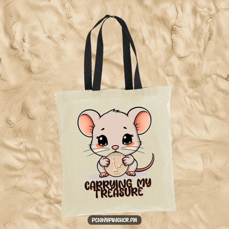 Funny tote bag depicting a cautious mouse character guarding a single, gleaming penny, perfect for carrying essentials with a humorous twist.