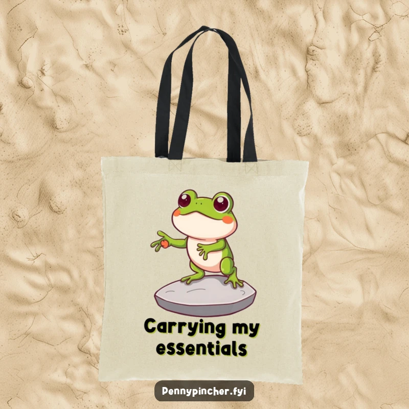 Funny tote bag featuring a clever frog character using a large coin as a stepping stone, perfect for carrying items with a humorous, resourceful theme.