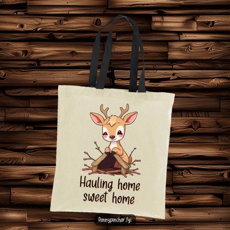 Funny tote bag featuring a bouncy deer building a miniature shelter out of twigs, perfect for carrying supplies.