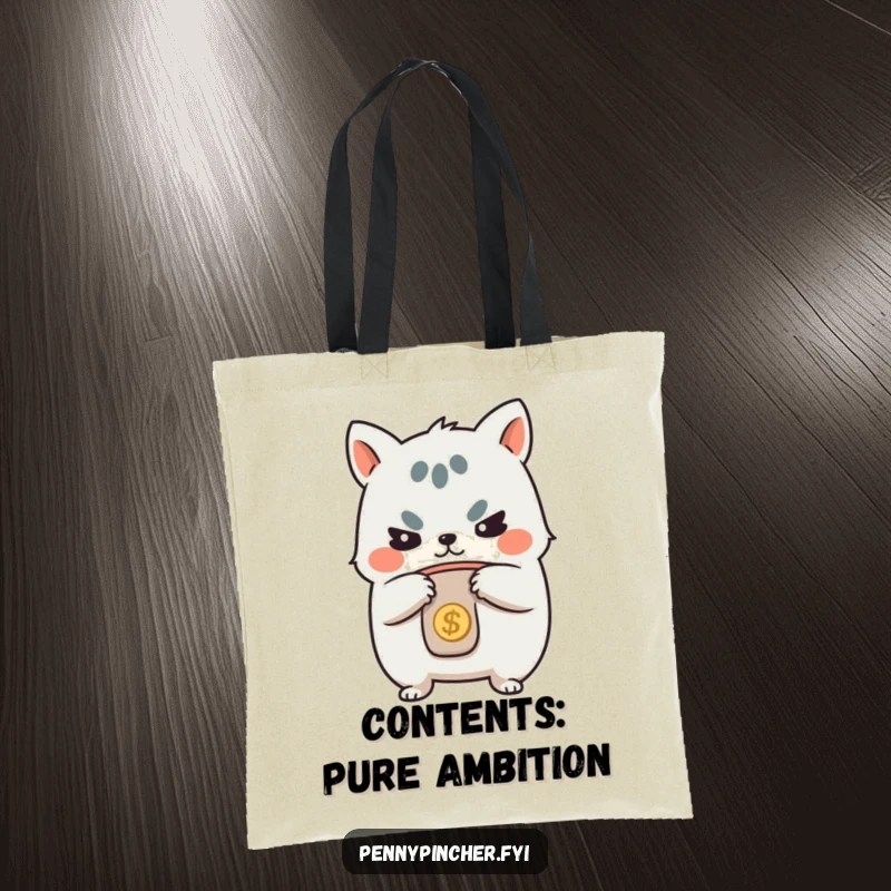 Funny tote bag, animal character determinedly holding a coin purse, emphasizing saving and financial responsibility with a humorous design.