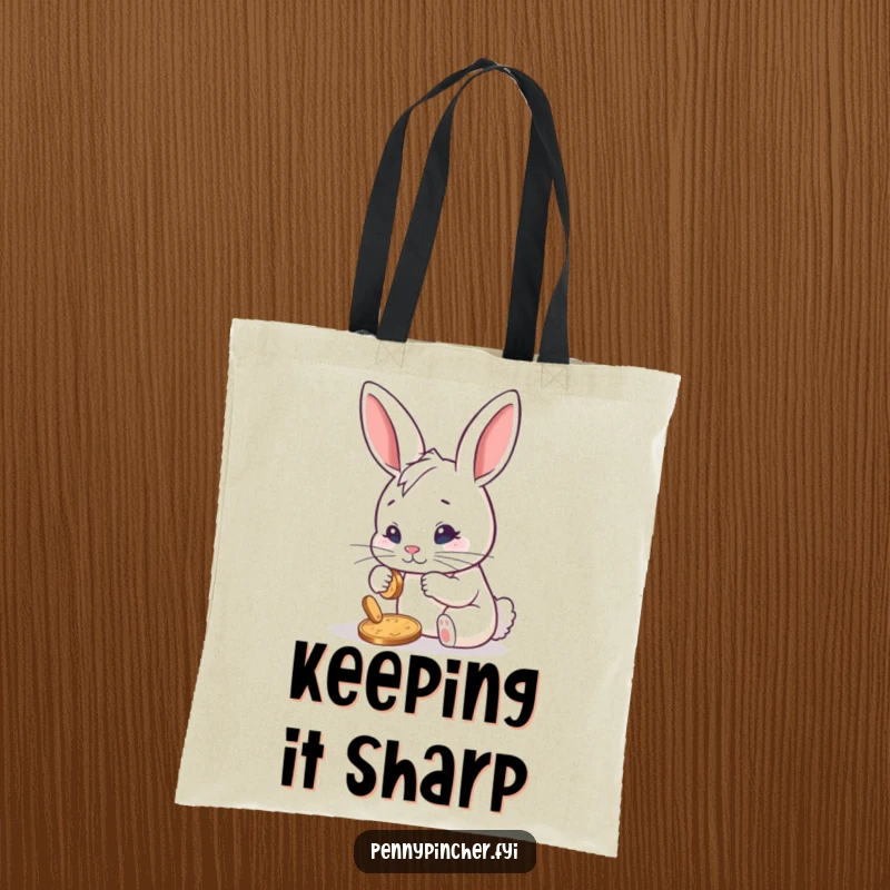 Funny tote bag featuring a determined rabbit character meticulously polishing a single shiny penny, perfect for carrying items with a humorous ambition.