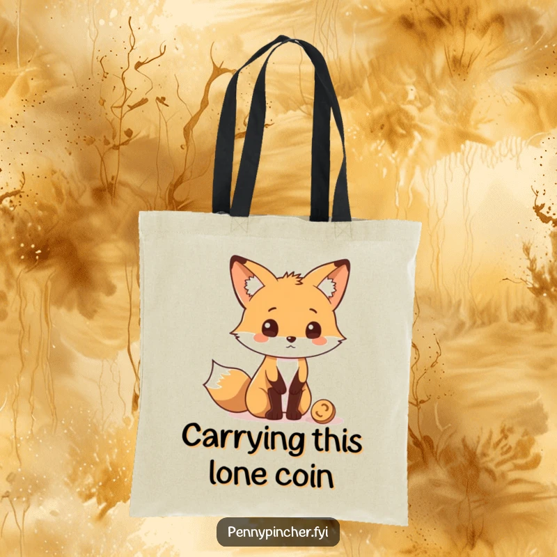 Funny Tote Bag featuring a curious fox character looking at a dropped coin, signifying curiosity and thoughtfulness.