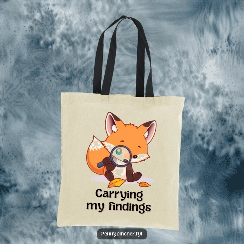 Funny tote bag with a focused fox character examining a fallen leaf closely with a magnifying glass, perfect for explorers.