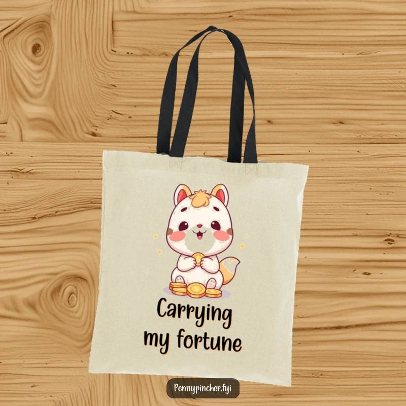 Funny tote bag design featuring a cute animal character gleefully counting coins, perfect for shopping and daily use, a funny gift.