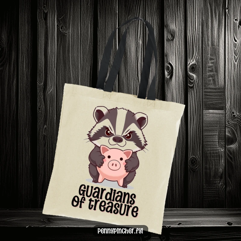 Funny tote bag with a grumpy badger character standing guard, arms crossed, over a tiny piggy bank.