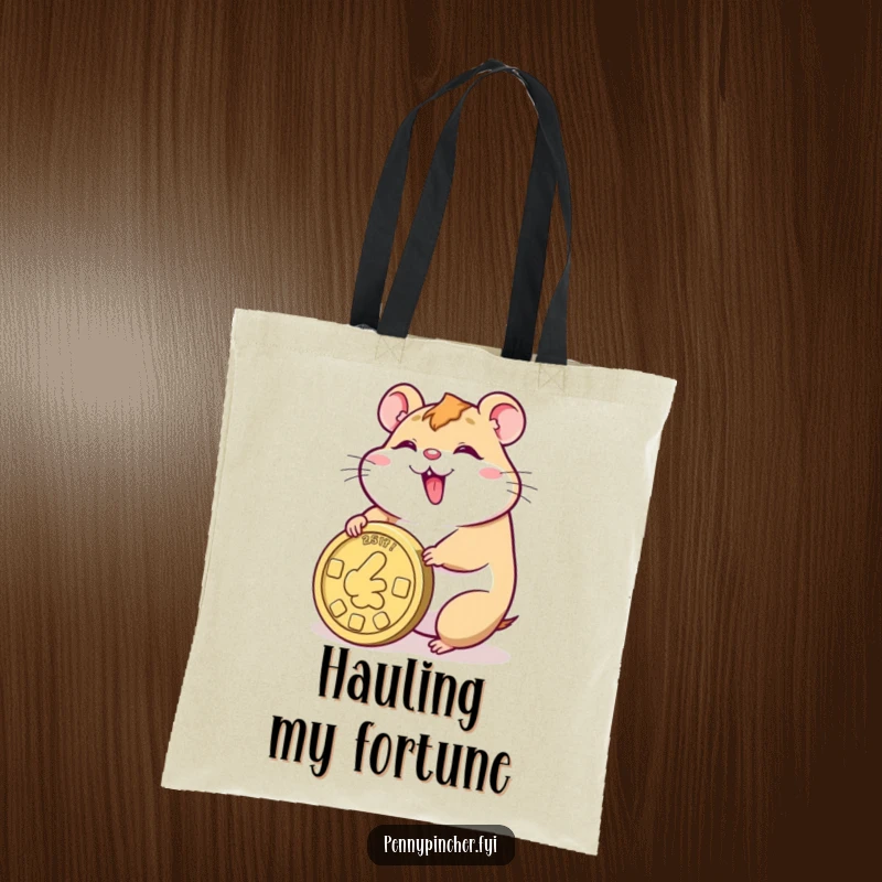 Funny tote bag showing a smiling hamster happily rolling a giant coin, perfect for carrying daily necessities.