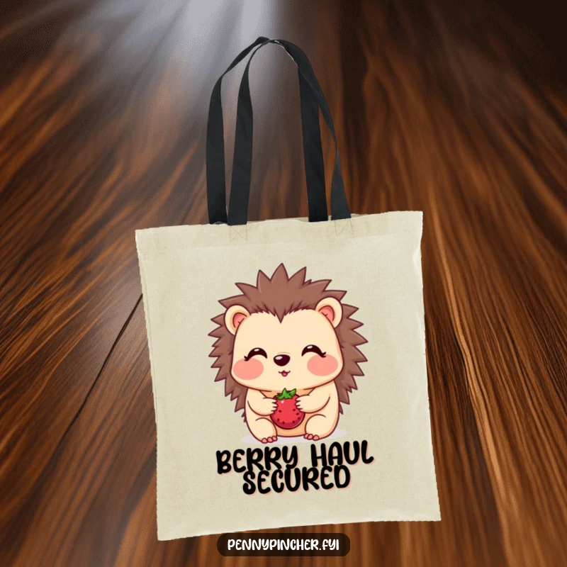 Funny hedgehog tote bag, a blushing character balancing one berry on its snout, cute and humorous for everyday.