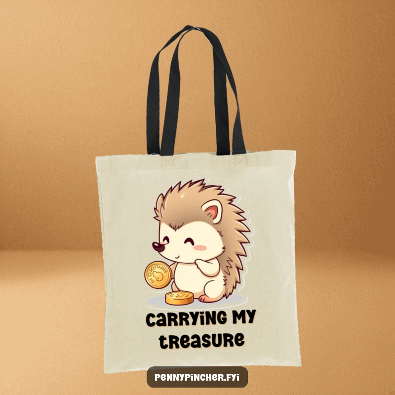 Funny hedgehog tote bag featuring a proud hedgehog character polishing a shiny coin, perfect for carrying essentials with a humorous touch.