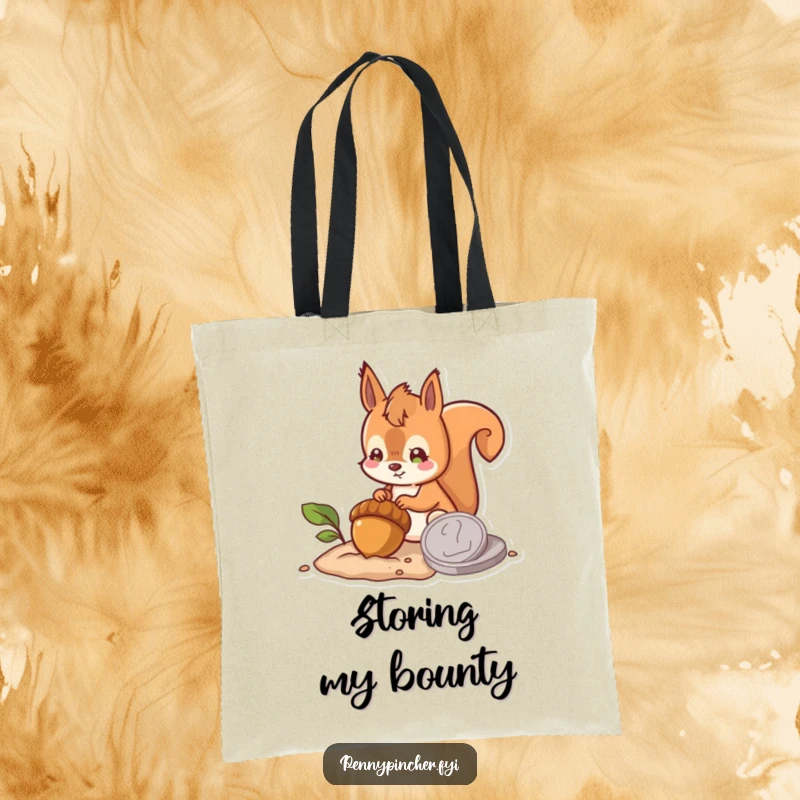 Funny tote bag featuring a hopeful squirrel character burying an acorn next to a large coin, perfect for carrying items with a humorous, optimistic theme.