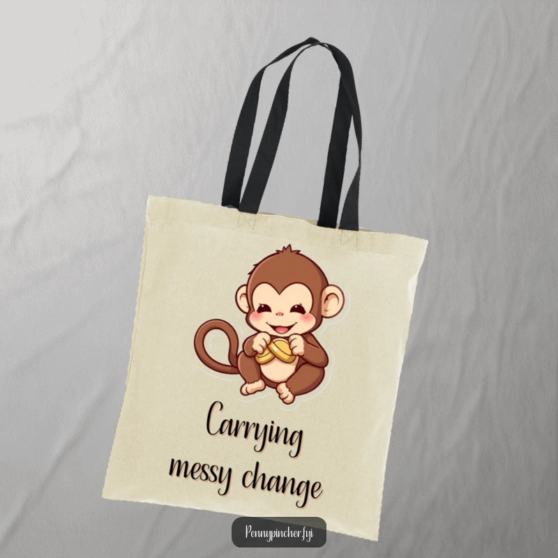 Funny Tote Bag featuring a playful monkey character trying to tie a knot in a coin, signifying ingenuity.