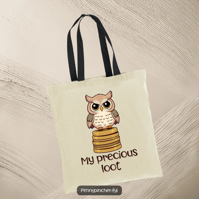 Funny tote bag showing a watchful owl perched on a stack of antique coins, perfect for carrying daily necessities.