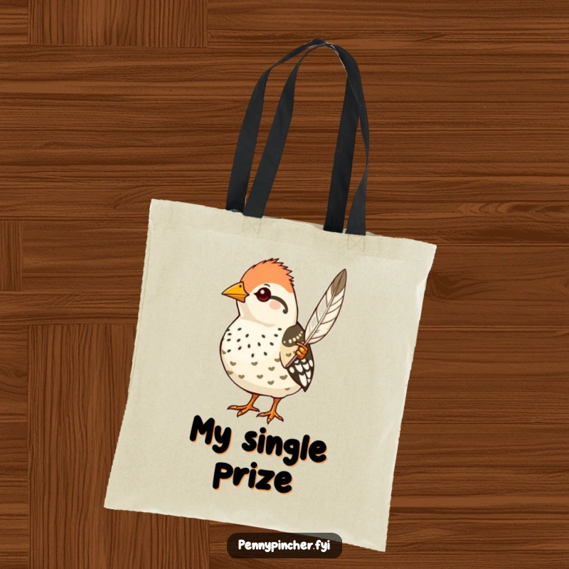 Funny quail tote bag, a proud character showing off a single perfect feather, stylish and humorous for everyday.