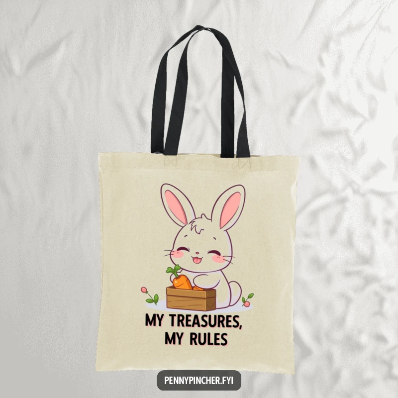 Funny tote bag showing a giggling rabbit securely hiding a carrot in a small treasure chest, ready to protect its precious cargo.