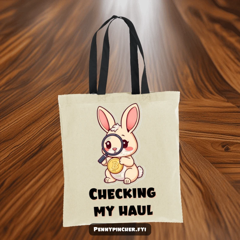Funny rabbit tote bag with a curious rabbit character using a magnifying glass to inspect a coin, perfect for carrying items humorously.