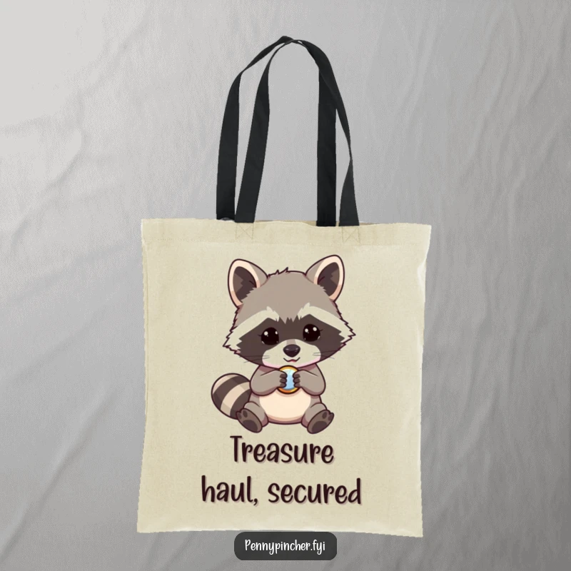 Funny raccoon tote bag, a mischievous character examining a shiny button, eco-friendly and humorous design for shopping.
