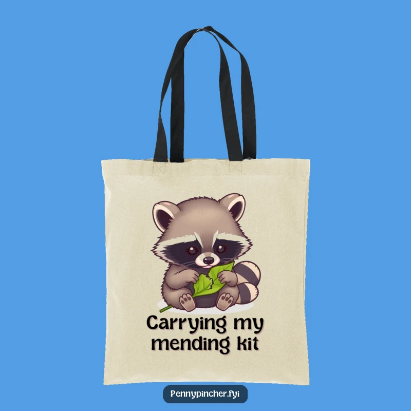 Funny Raccoon Mending Tote Bag: Handy tote with a raccoon fixing a leaf, a funny gift.