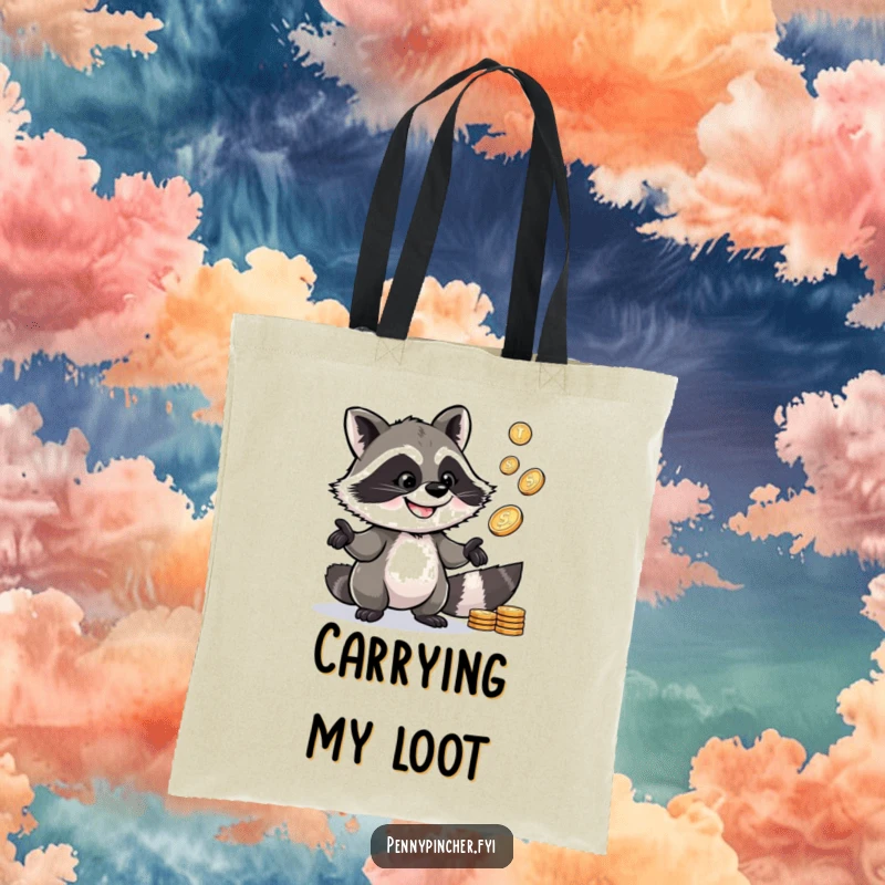 Funny Raccoon Tote Bag: A grinning raccoon character expertly juggling several shiny pennies, ready for adventure.