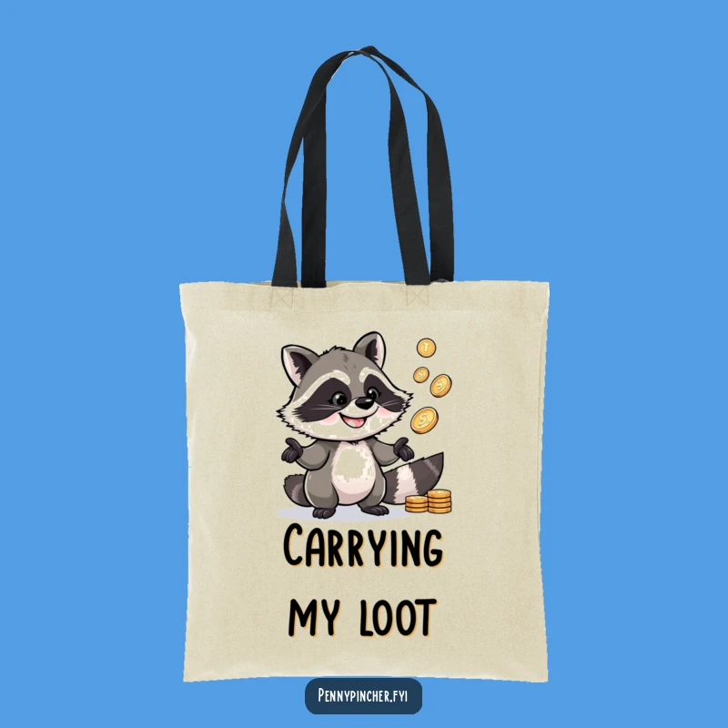 Funny Raccoon Tote Bag: Juggling raccoon w/ pennies, perfect for carrying funny gift.