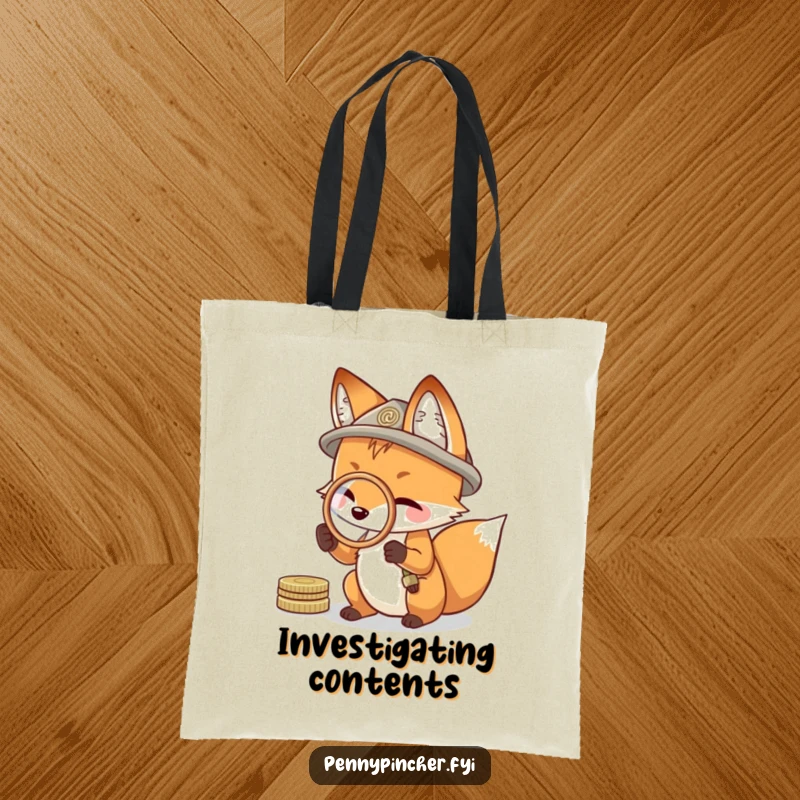 Funny tote bag graphic of a resourceful fox examining something with a coin as a magnifying glass, symbolizing keen observation.