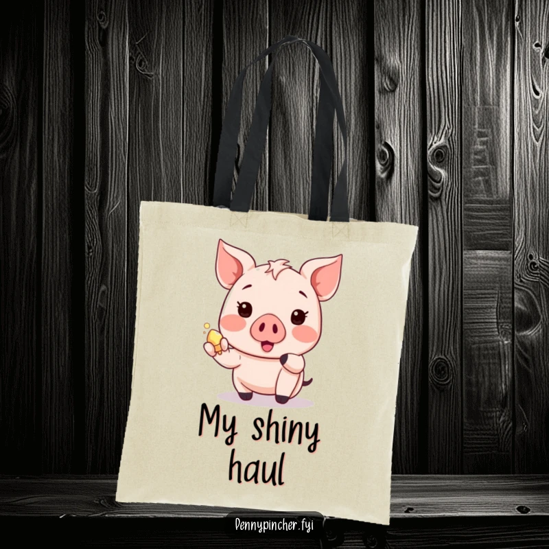 Funny piglet tote bag with a happy Kawaii character excitedly holding a shiny object, perfect for shoppers.