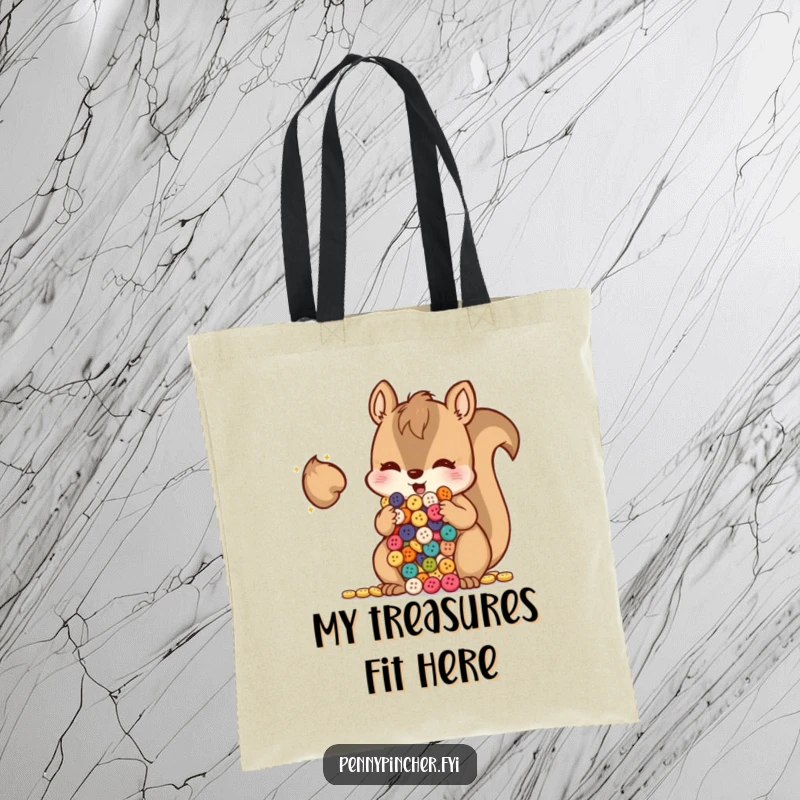 Funny squirrel with cheeks full of shiny buttons, a humorous and practical tote bag for collectors.