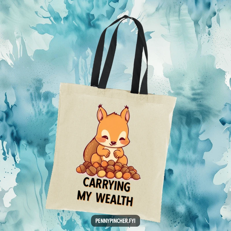 Funny tote bag with a squirrel character meticulously counting a small pile of acorns, looking very diligent.