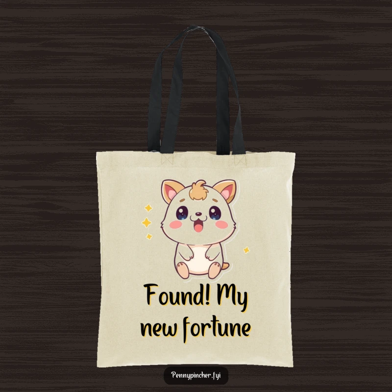Funny surprised animal tote bag, joyfully clutching a discovered coin, showcasing a humorous and practical accessory.
