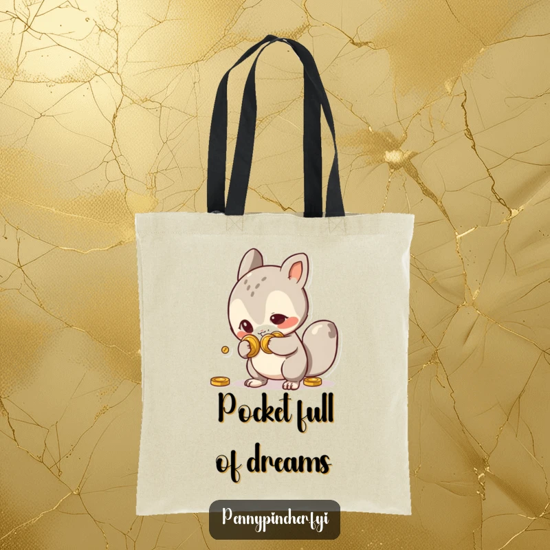 Funny Tote Bag with a mischievous animal character slyly concealing coins behind its back, ideal for carrying essentials with humor.
