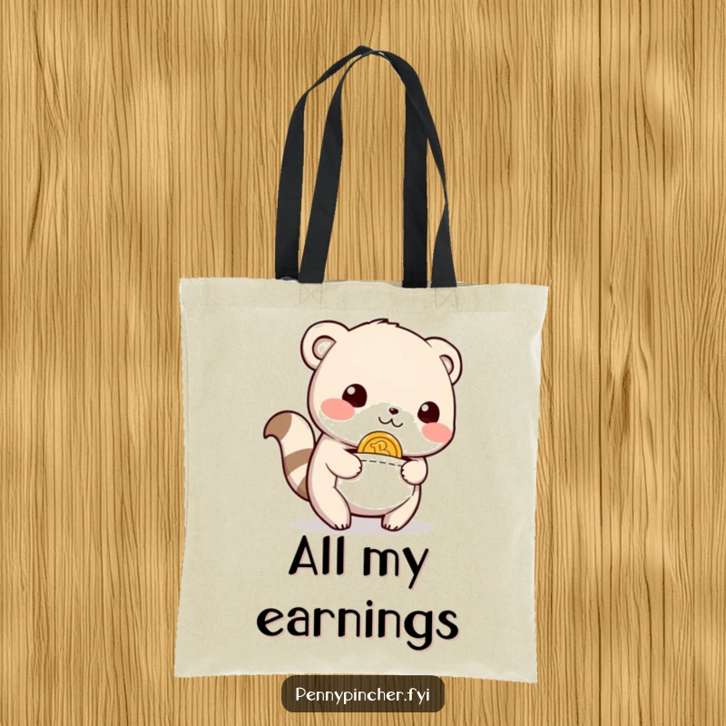 Funny Tote Bag with a relieved animal character joyfully finding a coin in its pocket, ideal for carrying necessities with a cheerful vibe.