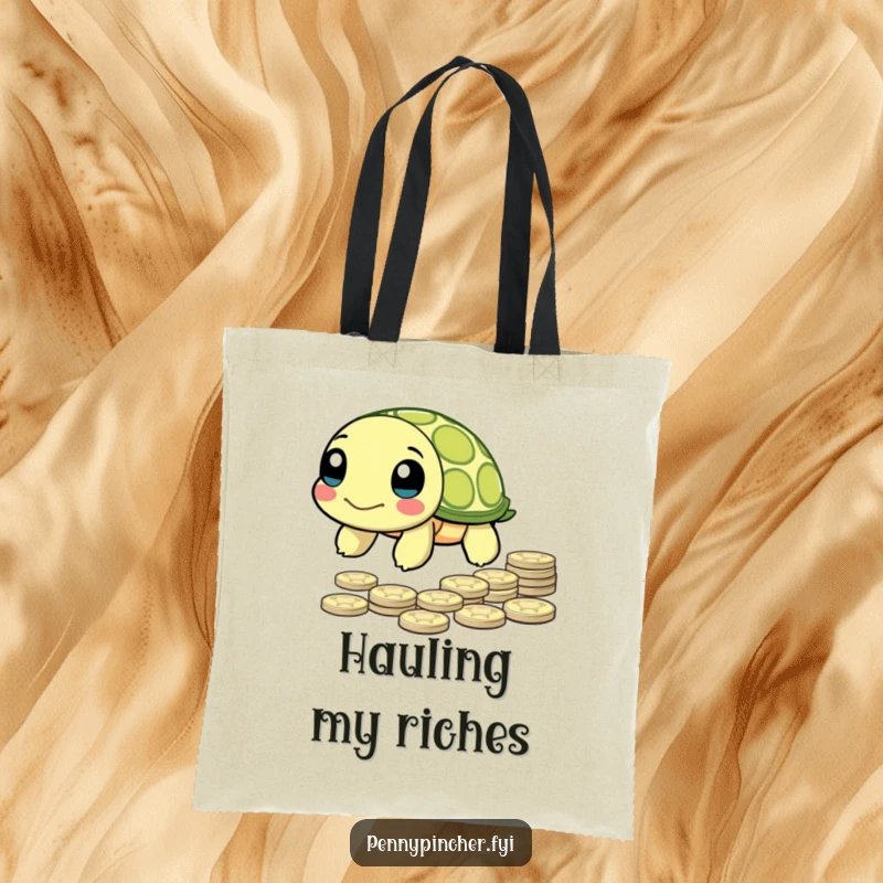 Funny Tote Bag with a slow-moving turtle character heading towards a pile of pennies, signifying financial goals.