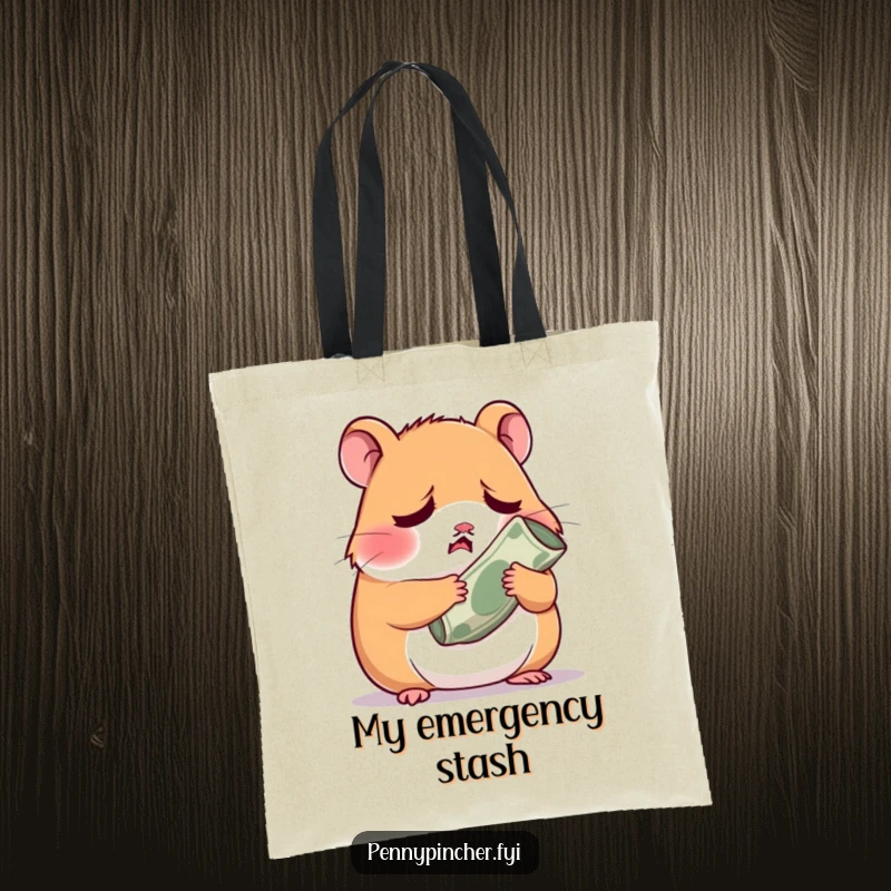 Funny worried hamster character clutching a small rolled-up bill, ideal for carrying groceries or worries humorously.