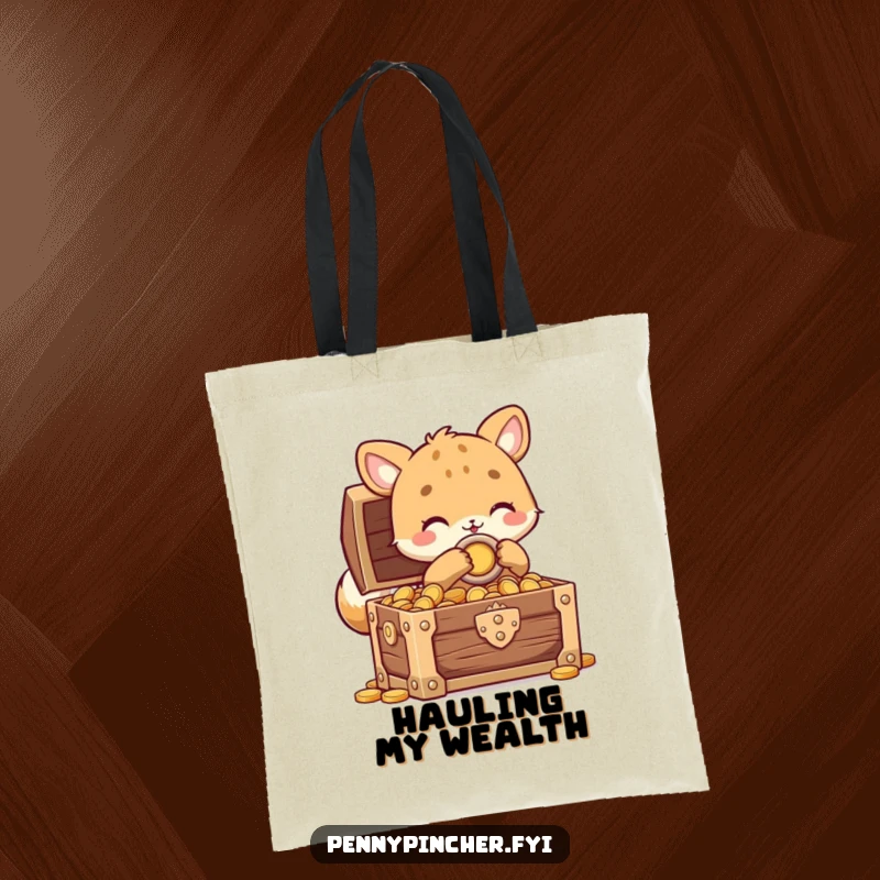 Funny animal character tote bag with a creature carefully locking a treasure chest full of coins, ideal for carrying valuables humorously.