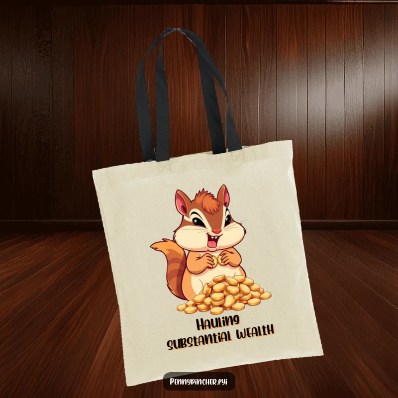 Funny determined chipmunk character tote bag, hoarding coins, ready for errands with a determined look.
