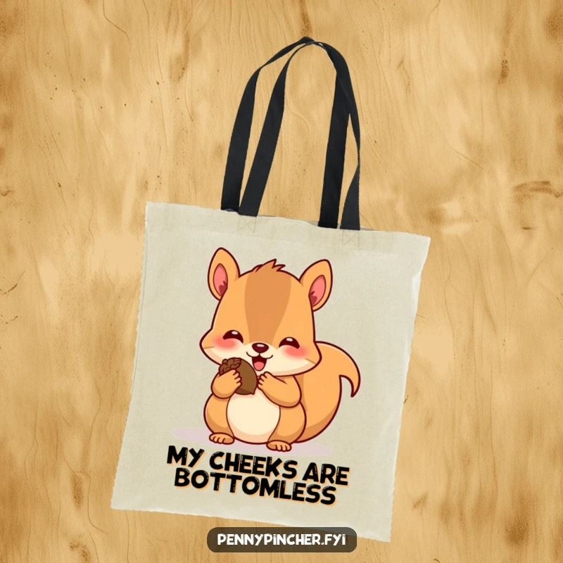 Funny tote bag featuring a delighted squirrel character stuffing its cheeks with acorns, ready to carry its valuable finds with great pleasure.