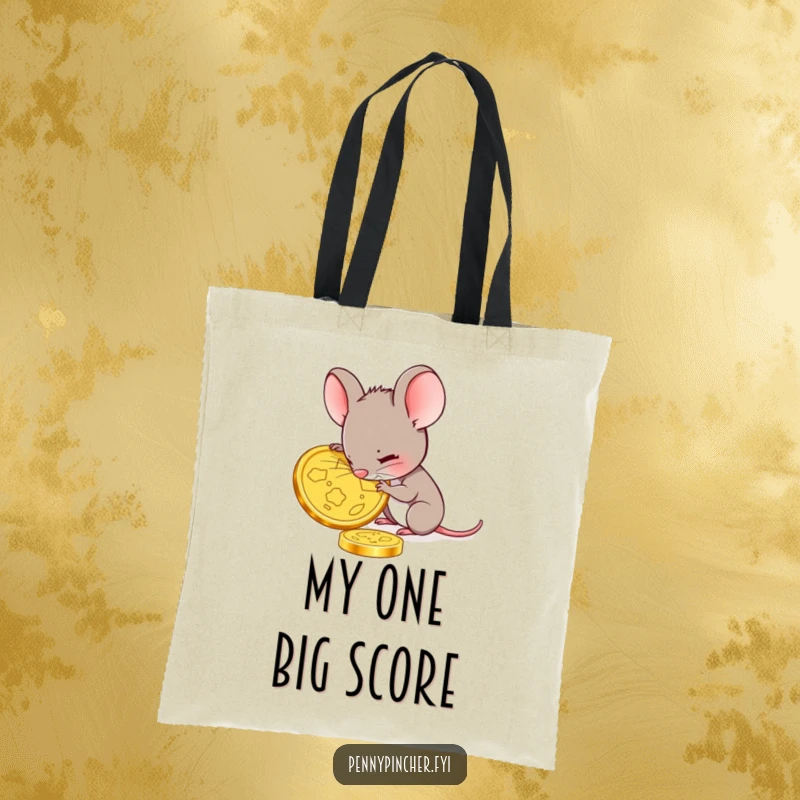 Funny mouse tote bag with a small mouse carefully inspecting a large gold coin, ideal for carrying essentials with a focus on detail.